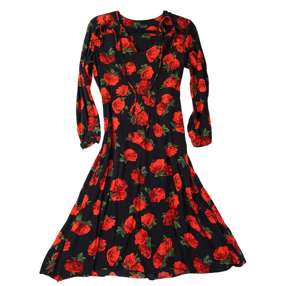 Topshop Black Floral Midi Dress 6 Red Rose Flowy Whimsigoth Romantic Boho Grunge